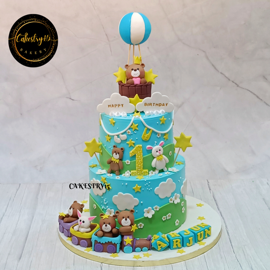 Teddy Train 3kg pineapple first birthday Cake,cakestry15,noida,cake full image