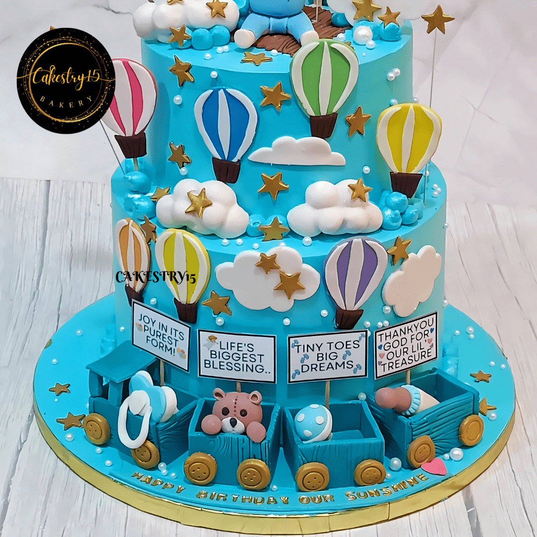 Teddy’s Sky-High Adventure 3kg chocolate first birthday Cake by cakestry1,noida,cake bottom tier close up image2