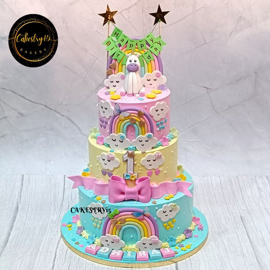 Unicorn 3tier 5kg chocolate first Birthday Cake,cakestry15,noida,cake full image