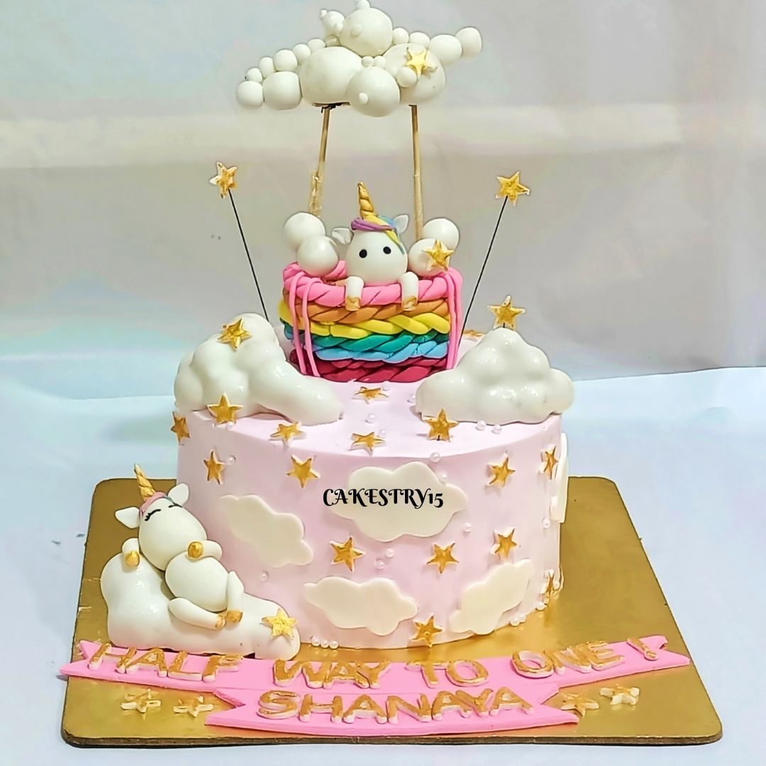 Unicorn Air Balloon 1.5 kg  blueberry halfway to one birthday Cake by cakestry15,noida,cake full image