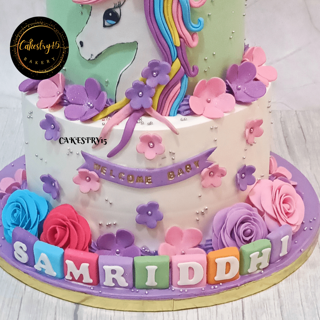 Unicorn Birthday 3kg Blueberry 2tier Cake,cakestry15,best bakery noida,first birthday cake,cake bottom tier close up image