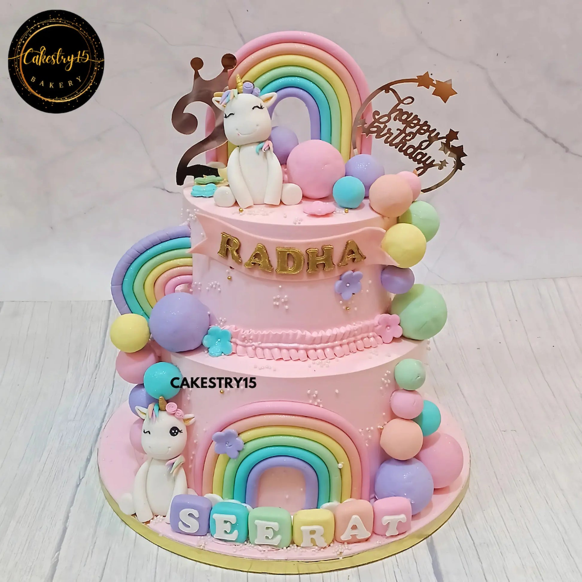  Unicorn Birthday Bliss,3kg 2tier black forest 2nd birthday cake for a girl by cakestry15 noida,cake full image