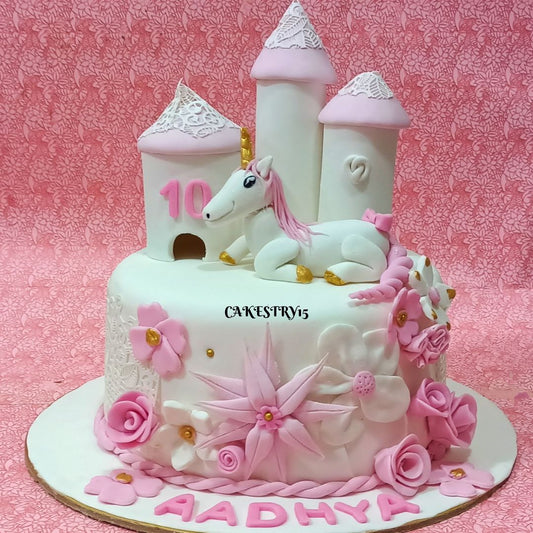 Unicorn Castle 2.5 kg Fondant chocolate birthday Cake by cakestry15,noida,cake full image