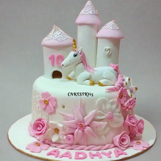 Unicorn Castle 2.5 kg Fondant chocolate birthday Cake by cakestry15,noida,cake full image