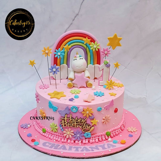 Unicorn Flowers 1kg butterscotch first birthday Cake by cakestry15,noida,cake full image