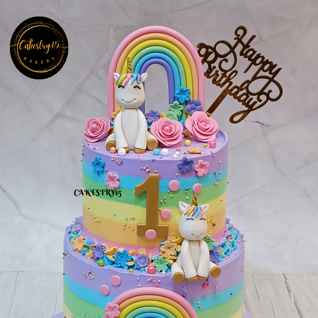 Unicorn theme 3kg size 2tier black forest flavor 1st birthday cake,close up image