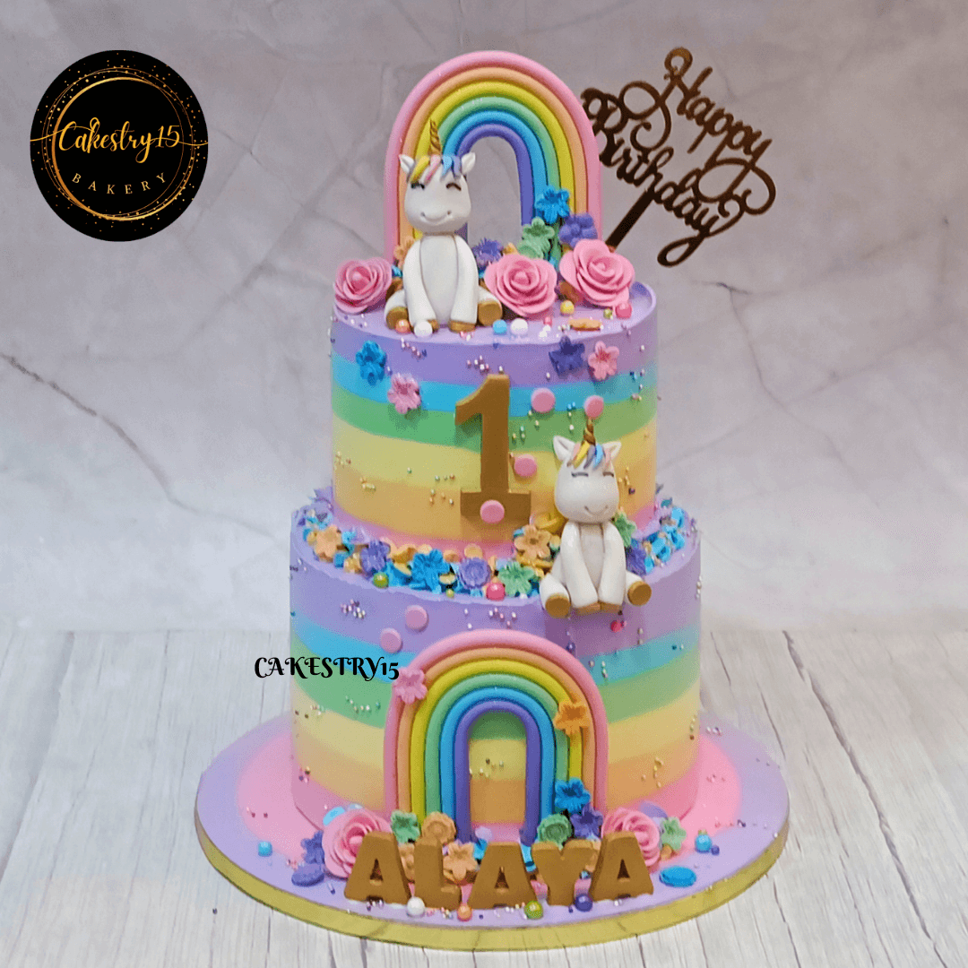 Unicorn theme 3kg size 2tier black forest flavor 1st birthday cake,full image