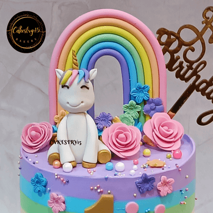 Unicorn theme 3kg size 2tier black forest flavor 1st birthday cake,top tier close up image