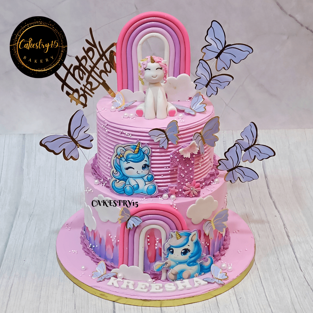 Unicorn theme 3kg size 2tier butterscotch flavor 1st birthday cake,full image