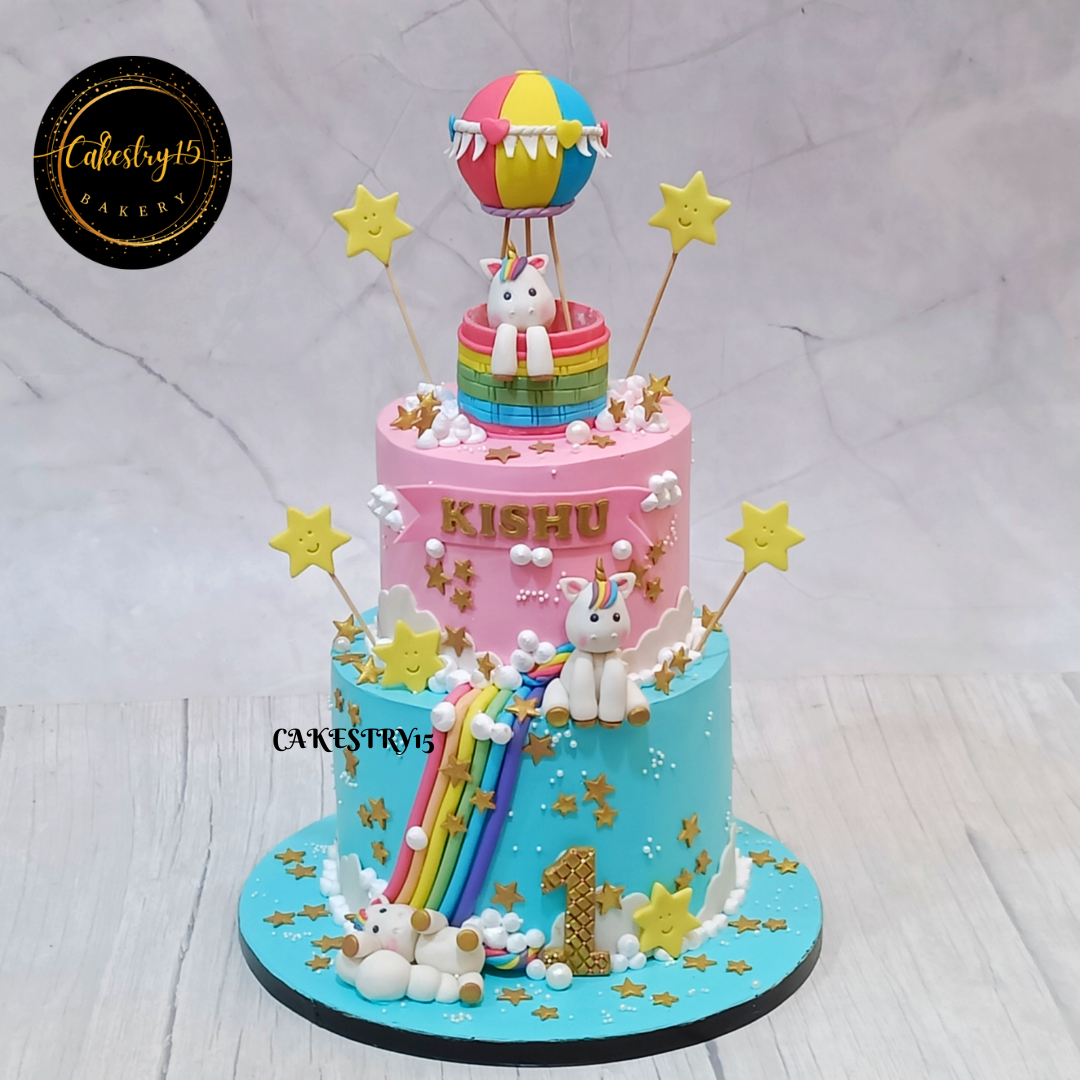 Unicorn theme 3kg size 2tier strawberry flavor 1st birthday Cake,full image