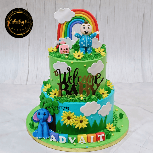 Welcome Baby theme 3kg size 2tier strawberry flavor Cake,full image