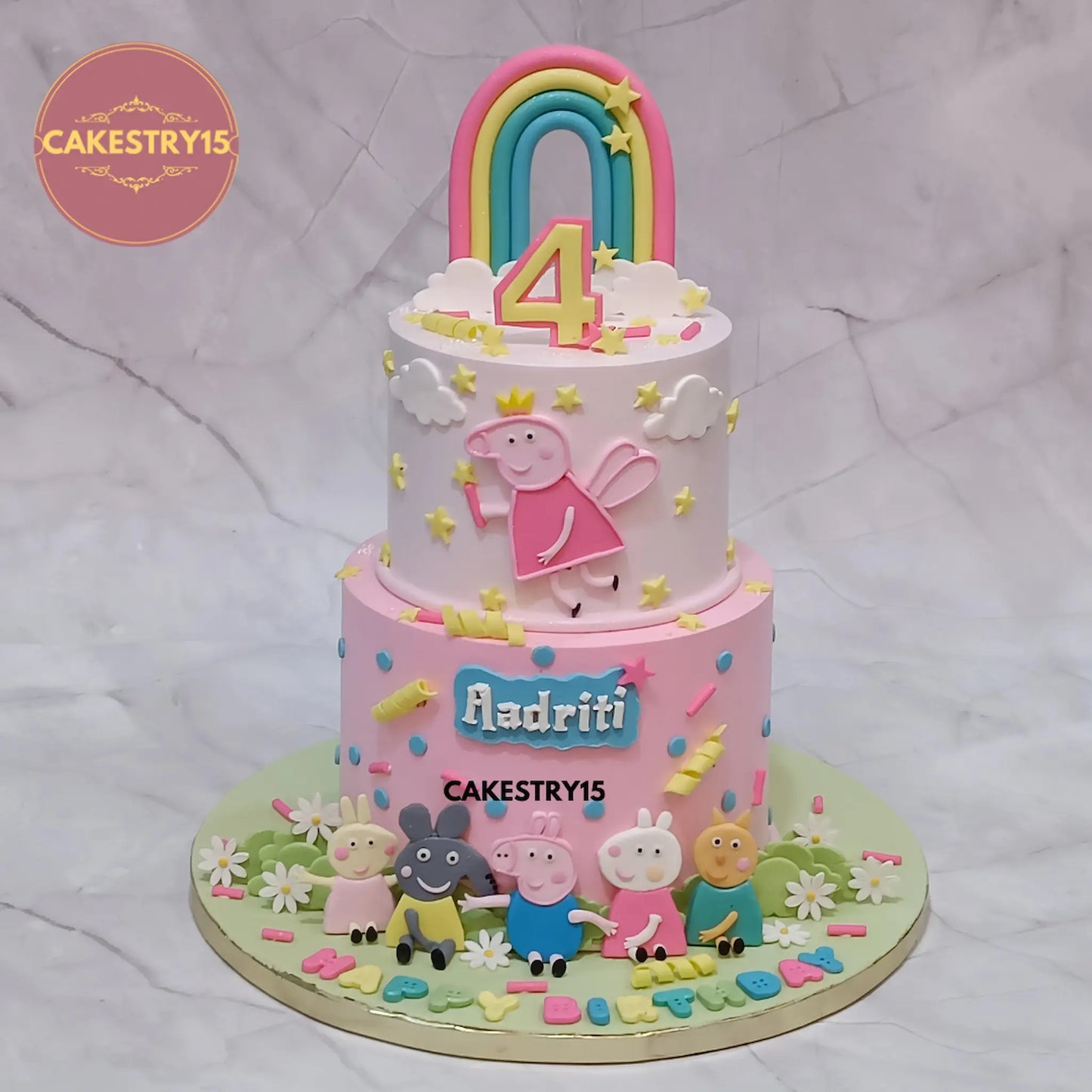 3kg Peppa Pig theme black forest birthday cake with fondant rainbow and Peppa family from Cakestry15