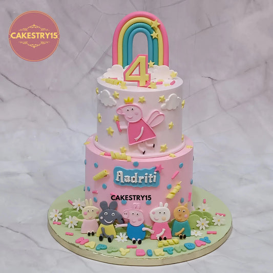 3kg Peppa Pig theme black forest birthday cake with fondant rainbow and Peppa family from Cakestry15