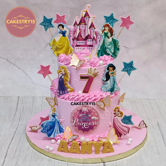 3kg choco chips eggless 2 tier Disney Princess birthday cake with castle for Aanya in Noida,cakestry1