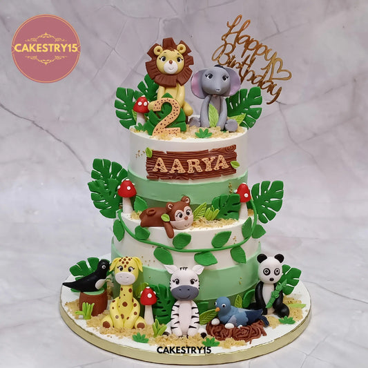 3kg choco vanilla jungle theme cake with lion, elephant, monkey, panda, zebra, giraffe, crow, and pigeon – Cakestry15 Noida