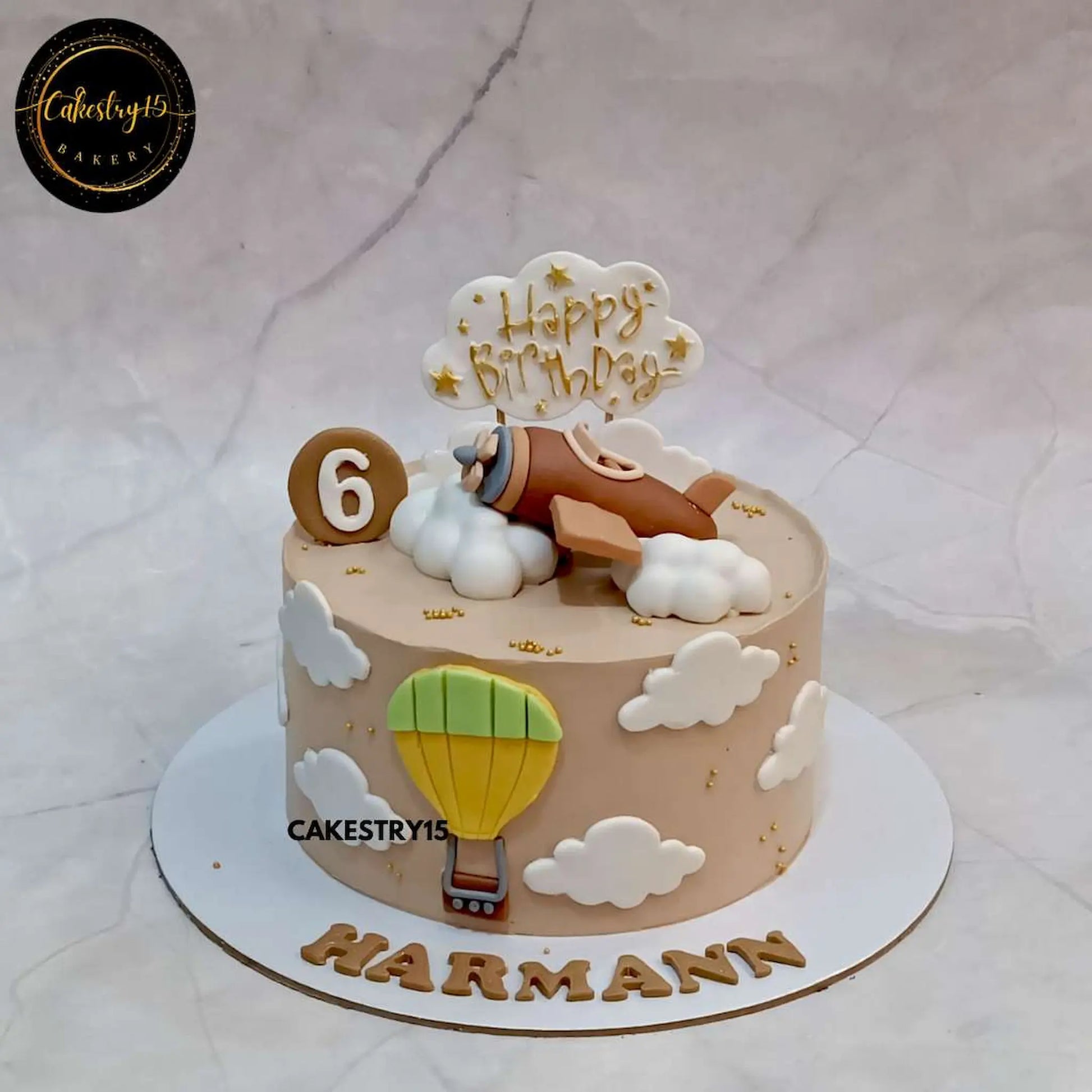 Aeroplane theme eggless chocolate birthday cake for kids with clouds and age tag by Cakestry15 in Noida
