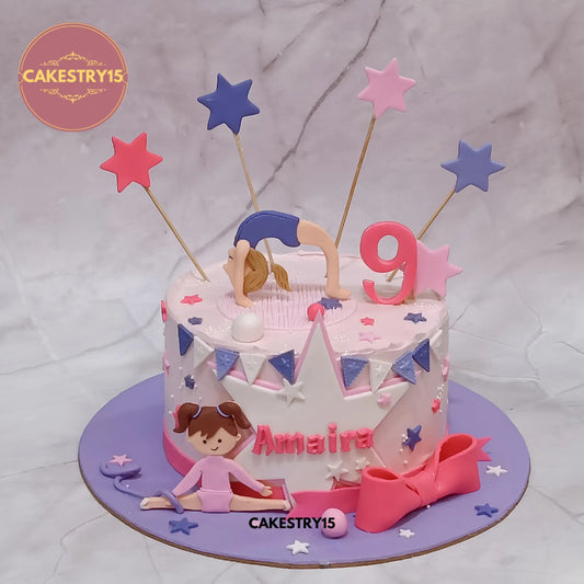 1kg black forest gymnastics birthday cake with gymnast girl topper and fondant decorations by Cakestry15 in noida