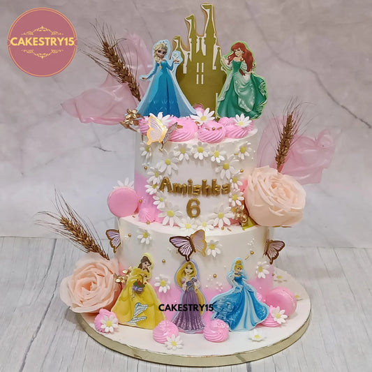 3kg chocolate two-tier princess birthday cake with edible castle and flowers from Cakestry15