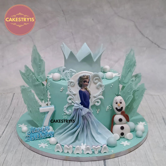 2kg chocolate Frozen theme birthday cake with fondant crown, Olaf, and edible princess image by cakestry15