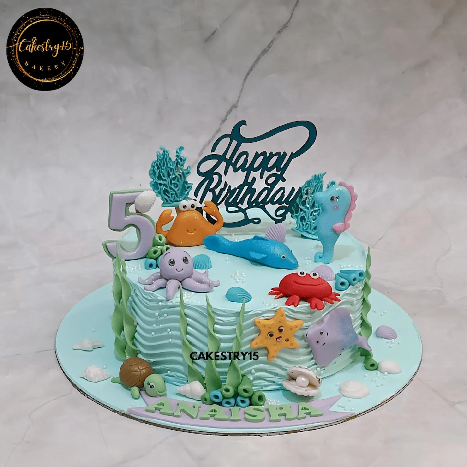 Anaisha's 1kg pineapple underwater birthday cake with fondant sea animals by Cakestry15

