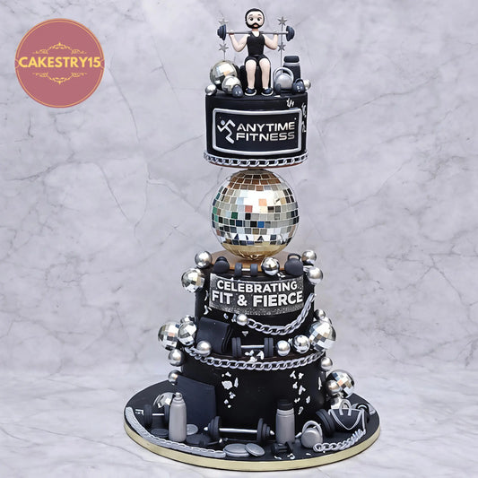 eggless anytime fitness gym theme anniversary cake with weights dumbbells and disco balls in noida by cakestry15