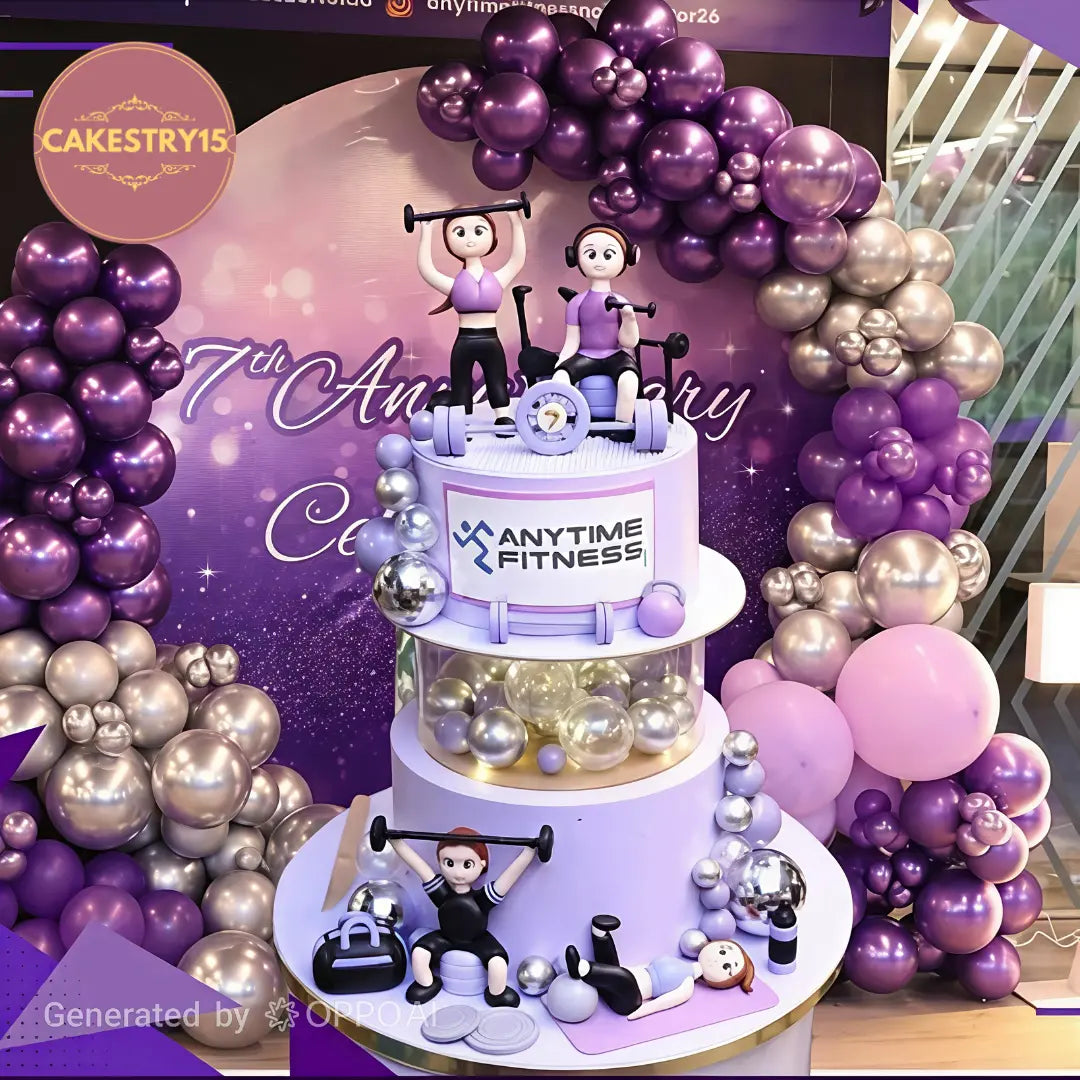 Anytime Fitness gym theme cake in chocolate flavour featuring workout figurines, weights and fitness elements, handcrafted as a premium eggless theme cake in Noida.