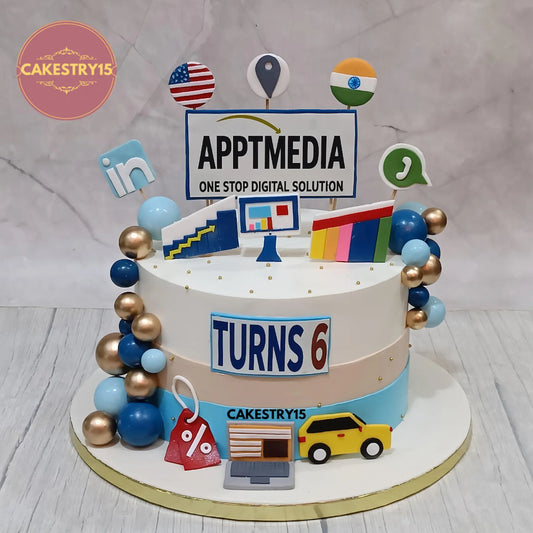 Apptmedia 6th anniversary 2kg butterscotch eggless cake with corporate theme decorations by cakestry15 in noida