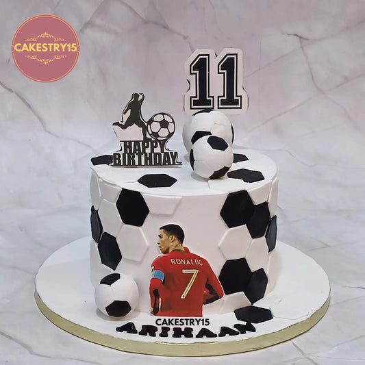 2kg chocolate soccer theme birthday cake with Ronaldo edible image, soccer balls, and fondant football prints from Cakestry15