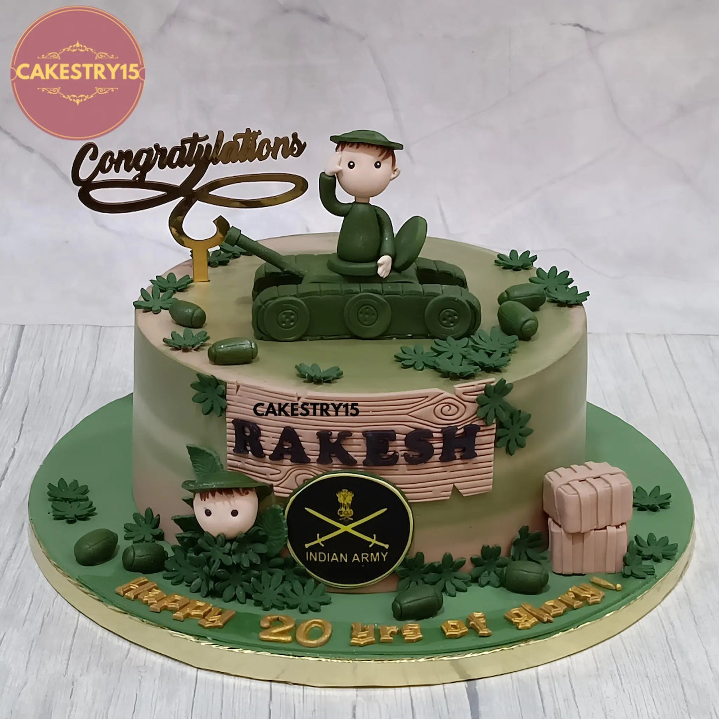 Eggless army theme kids birthday cake with camouflage design for kids birthday celebrations and theme cake Noida orders.