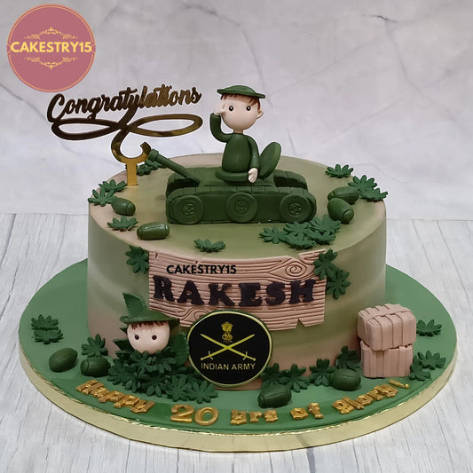 Eggless army theme kids birthday cake with camouflage design for kids birthday celebrations and theme cake Noida orders.