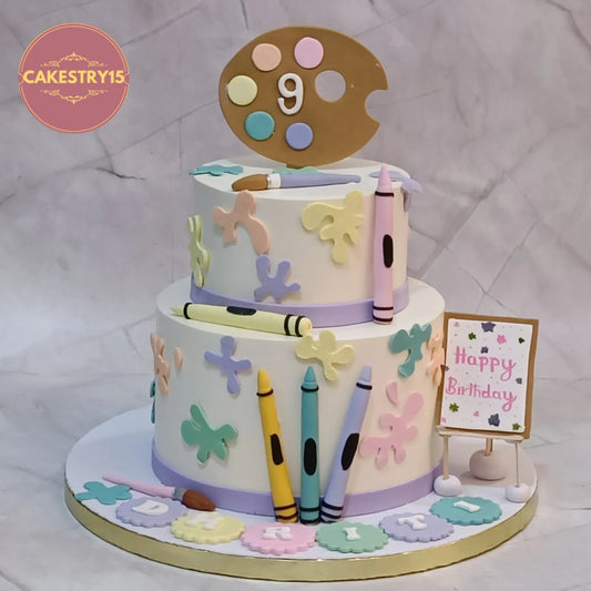 Art Palette kids birthday cake featuring fondant crayons and colour splashes, handcrafted as a premium theme cake Noida families choose for eggless cakes.