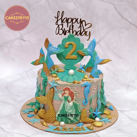 2kg choco butterscotch mermaid theme birthday cake with edible mermaid image and sea coral design by Cakestry15