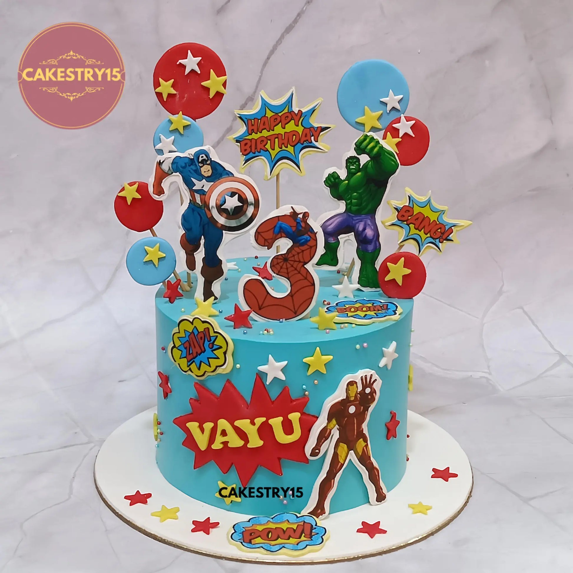 Avengers-themed 1kg pineapple cake with edible images of Captain America, Iron Man, and Hulk from Cakestry15