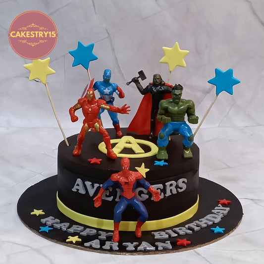 Eggless Avengers kids birthday cake featuring superhero decorations, a premium theme cake Noida families choose for special celebrations.