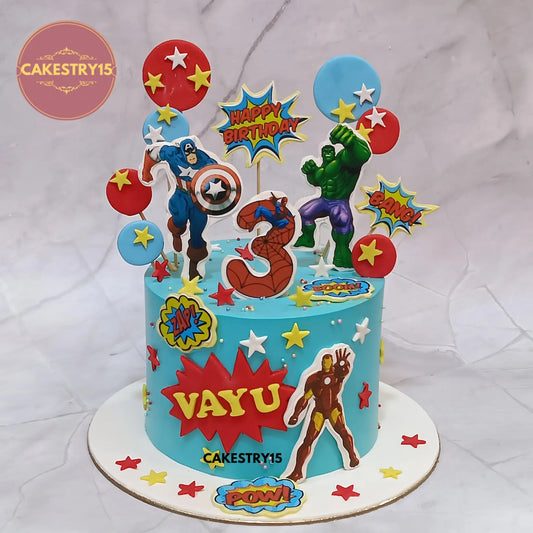 Avengers theme eggless pineapple kids birthday cake customised for Vayu’s 3rd birthday with Iron Man, Hulk and Captain America from Cakestry15 Noida