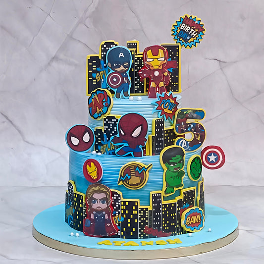 A custom two-tiered superhero-themed birthday cake decorated with Marvel characters including Captain America, Iron Man, Spider-Man, Hulk, Thor, and a large number 5, set against a light gray marble-patterned backdrop.