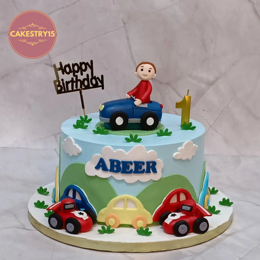 Premium eggless kids birthday cake with baby racer car theme design and sports car detailing in Noida.