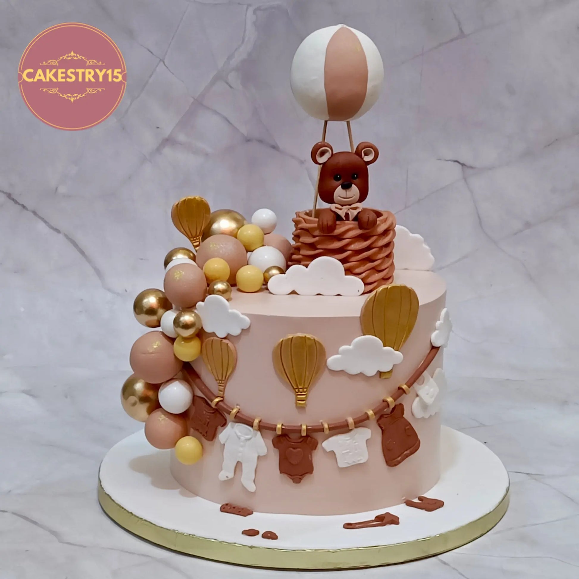 Baby shower kids birthday cake style theme cake Noida featuring teddy air balloon design made with premium eggless cakes
