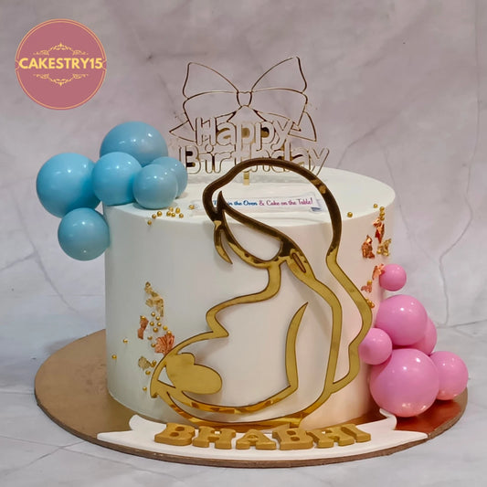 Elegant kids birthday cake inspired baby shower theme cake Noida featuring a pregnant mom topper with pink and blue faux balls, handcrafted as premium eggless cakes.