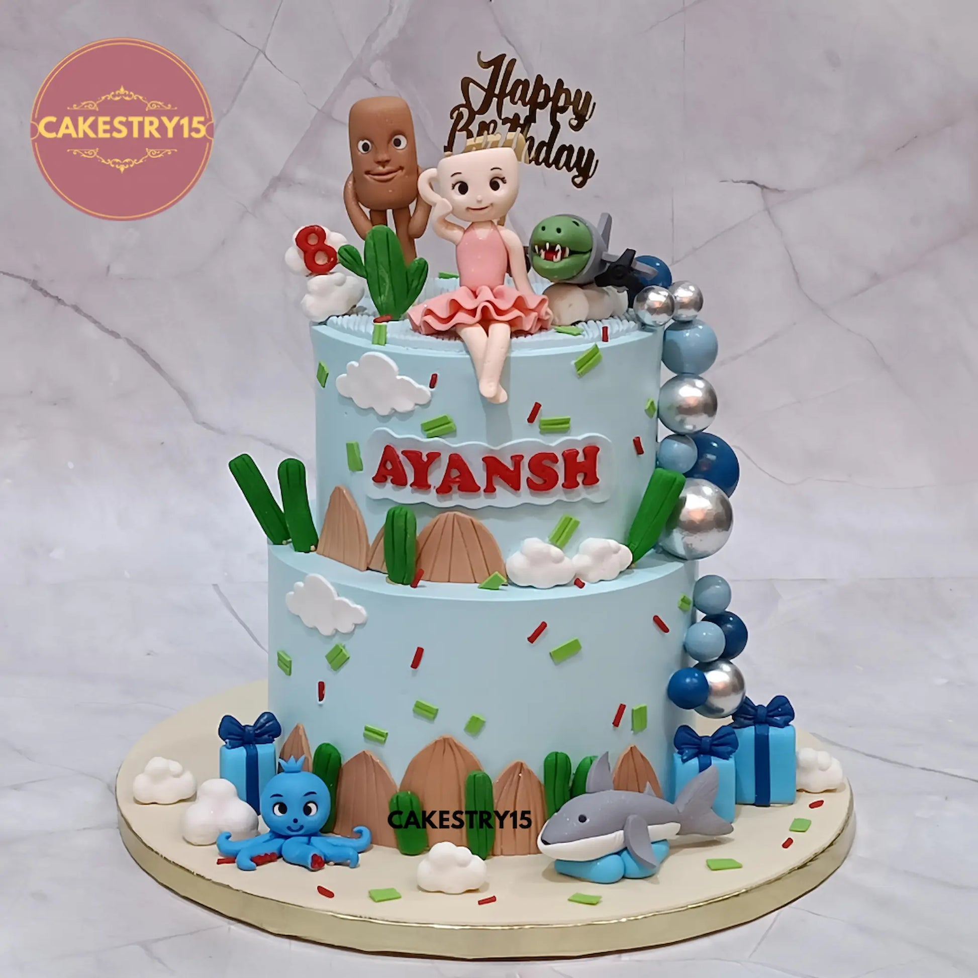 3kg 2-tier ballerina cappuccina choco butterscotch birthday cake with shark, dolphin, and octopus characters