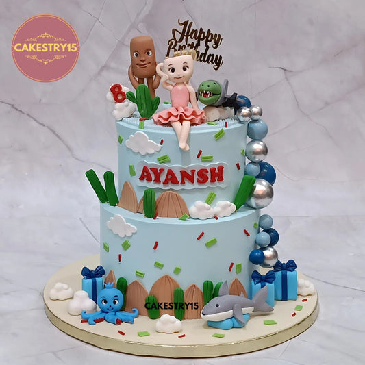 3kg 2-tier ballerina cappuccina choco butterscotch birthday cake with shark, dolphin, and octopus characters