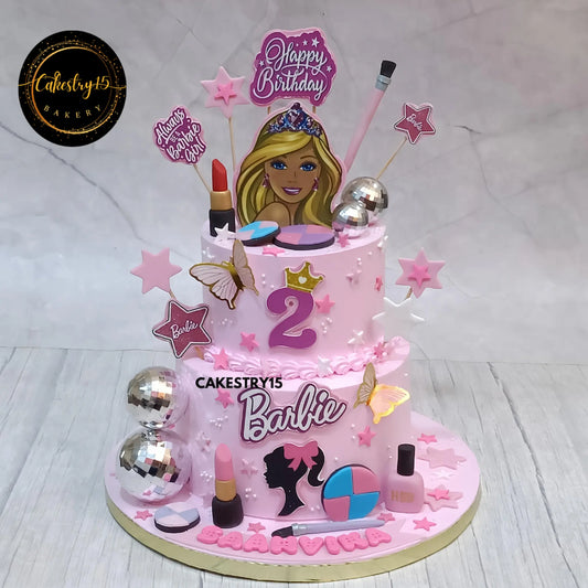 2-tier black forest Barbie cake with edible topper and fondant makeup by Cakestry15