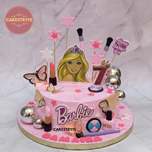 Barbie theme 1.5kg chocolate birthday cake with edible Barbie image and fondant makeup design by cakestry15 in noida