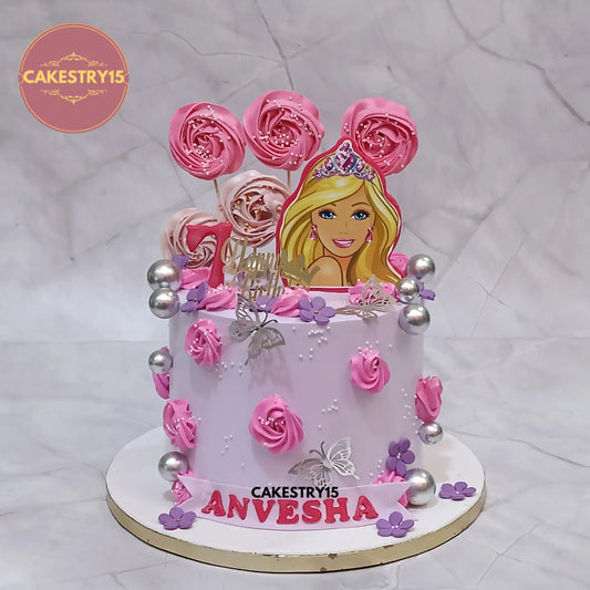 2kg black forest Barbie theme birthday cake with edible image, rosettes, and age topper by Cakestry15 Noida