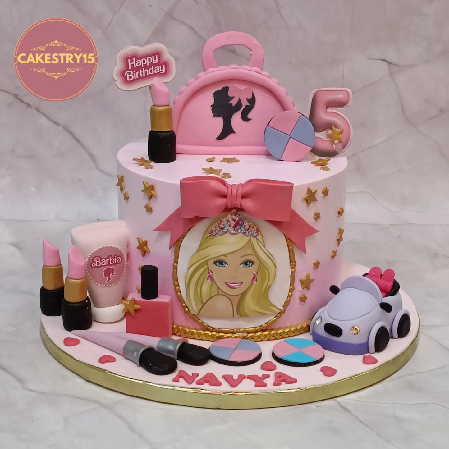 Barbie theme 5th birthday cake eggless kids birthday cake in Noida with pink design and makeup elements