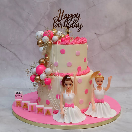 Barbie theme first birthday kids birthday cake with Barbie figurine, pink and ivory detailing, a premium eggless theme cake in Noida.