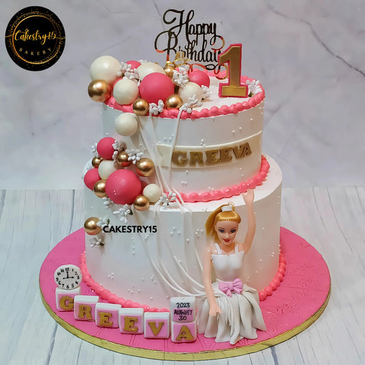 barbie theme 5kg choco vanilla 2tier first birthday cake by cakestry15 noida,cake for her,cake full image