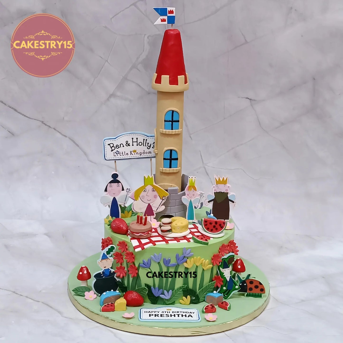 2kg Ben and Holly chocolate birthday cake with edible characters and fondant mushrooms from Cakestry15 Noida