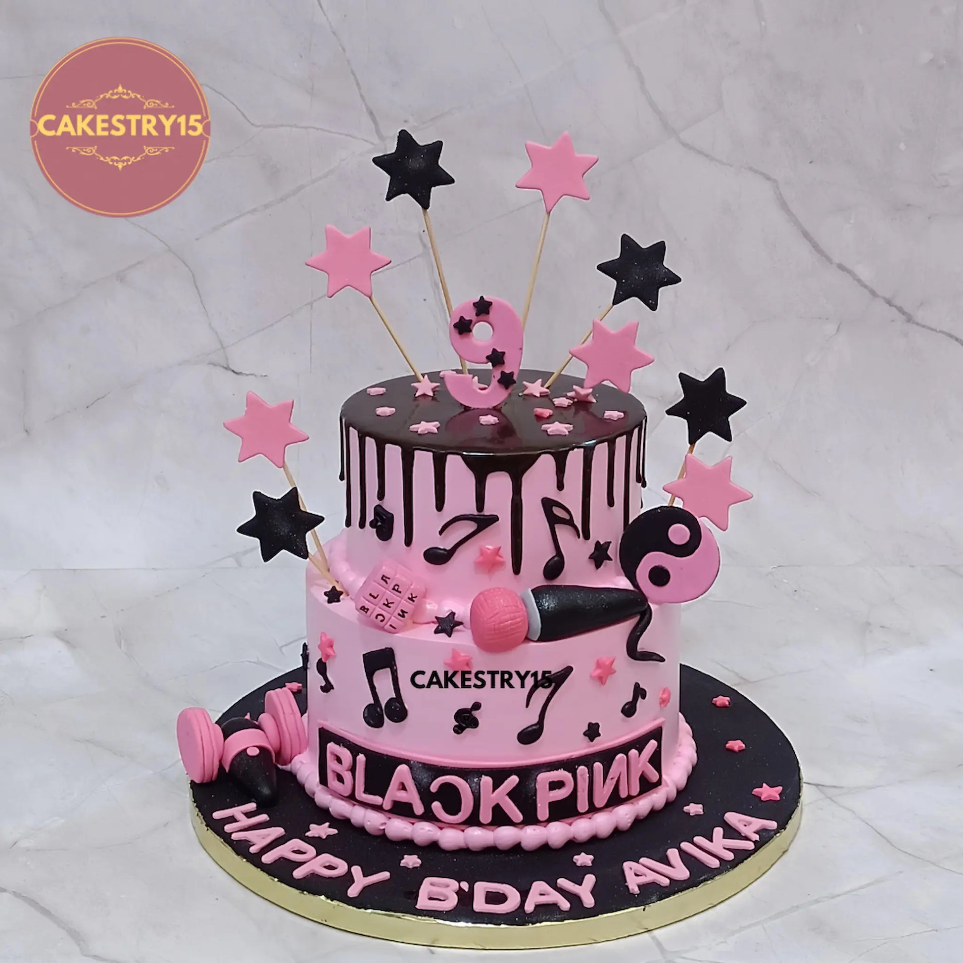 Black Pink 2-tier choco vanilla music theme birthday cake with stars, mike, headphones by cakestry15
