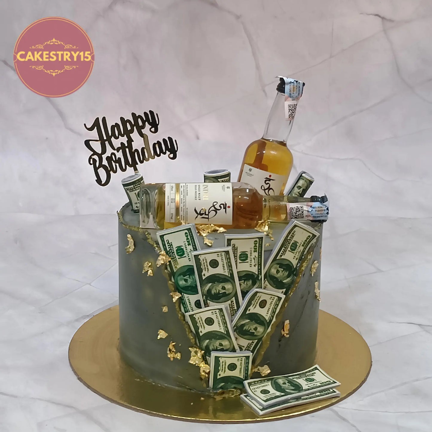 Eggless booze theme chocolate birthday cake with edible currency bills and miniatures by Cakestry15 Noida